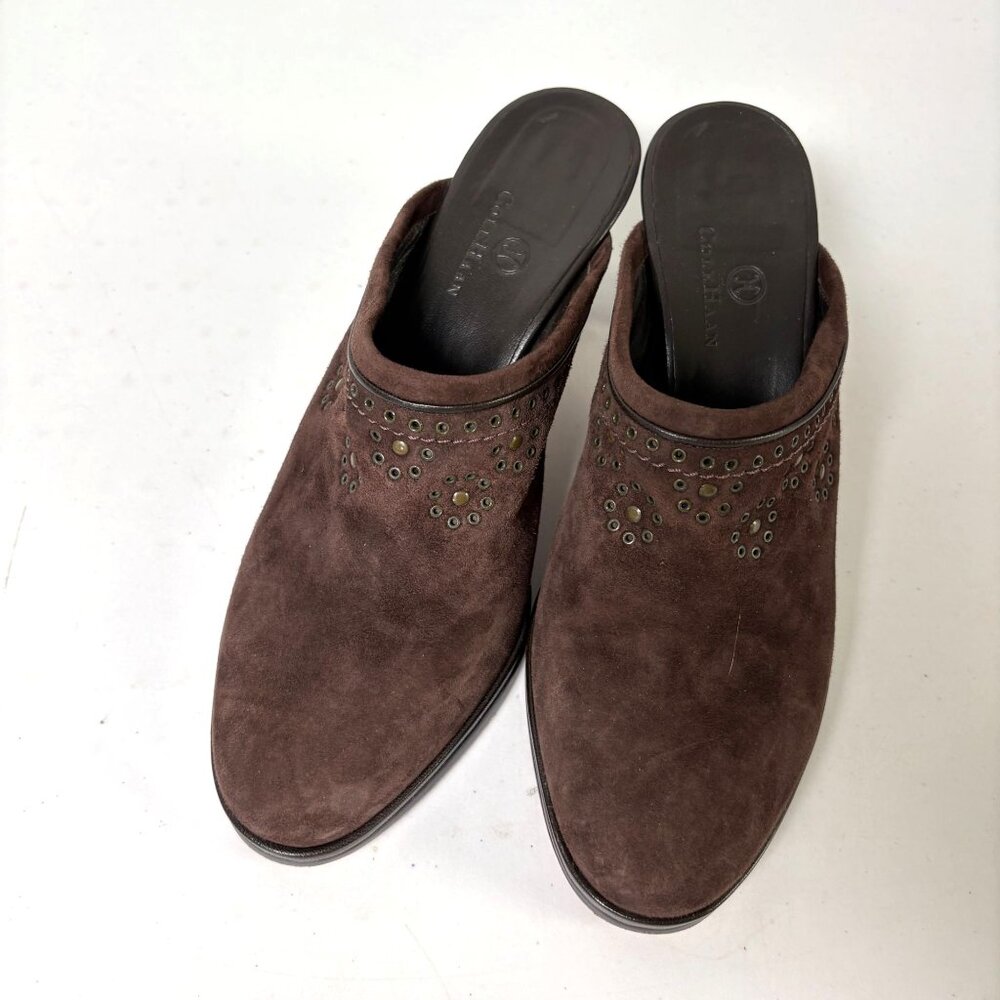 Cole Haan Suede Leather Mules Slip On‎ Heels Shoes 7.5 B Brown Studded Grommets